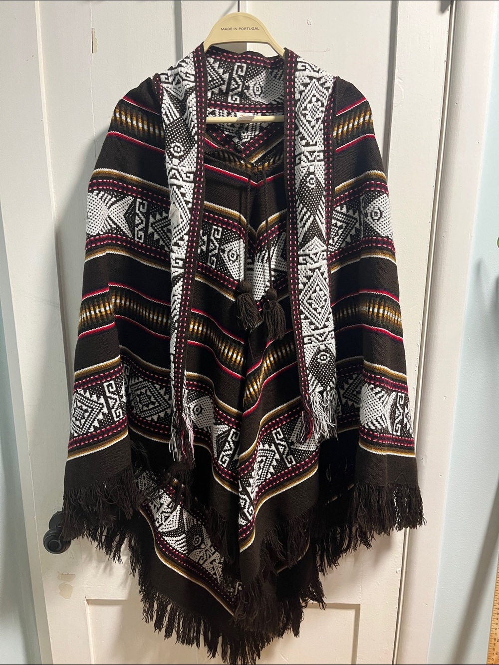 Handmade Poncho - Brown with White & Maroon Pattern A045